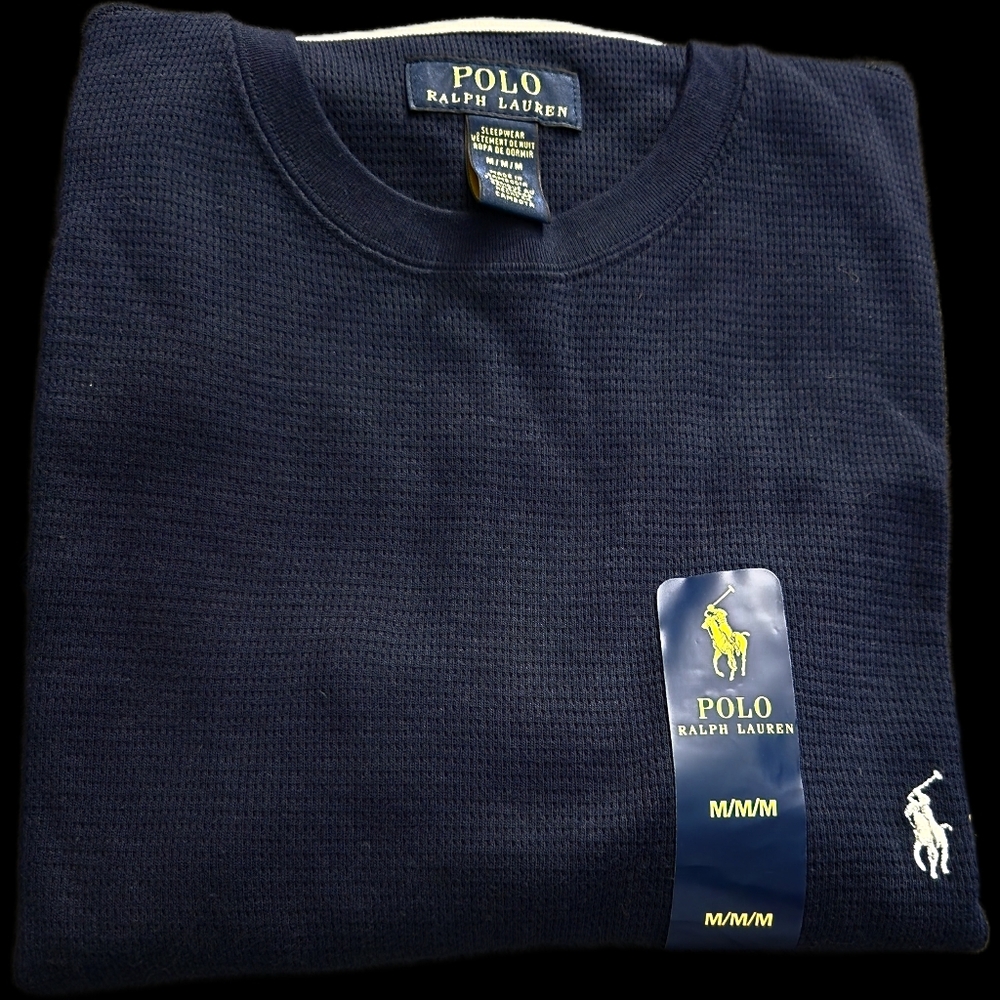 POLO Mens M Waffle Knit Crew Neck long sleeve shirt Navy BLUE medium
